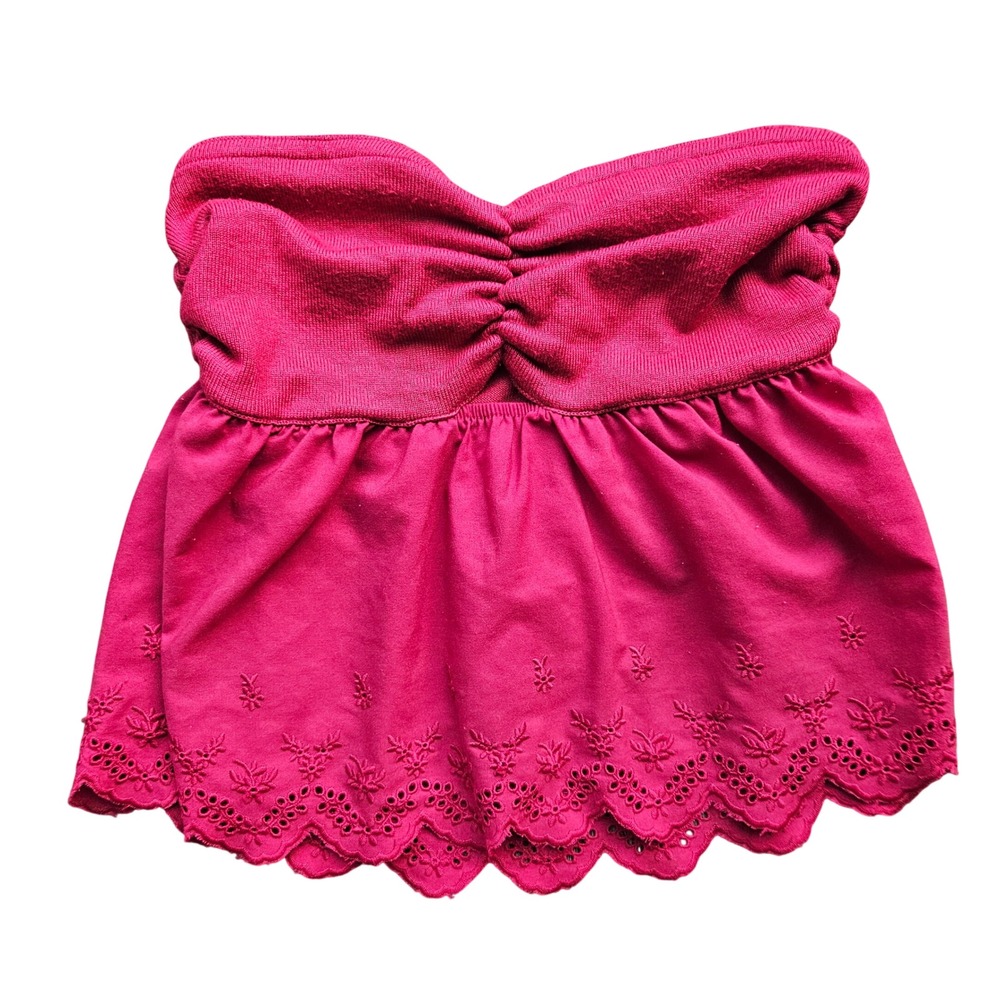 Wild Fable Red Eyelet Strapless Tube Top XS Scalloped Hem Ruched Crop